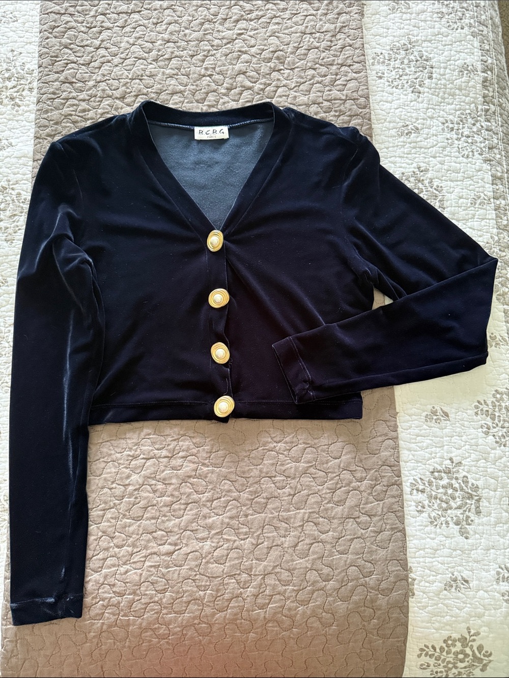 BCBG Blue Velvet Cropped Cardigan with Gold Buttons